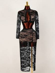 BamGleam Valentines Sexy Women'S Lace See-Through Twisted Bell SleeveTop & High Slit Skirt, 2pcs/Set - Black - View 5