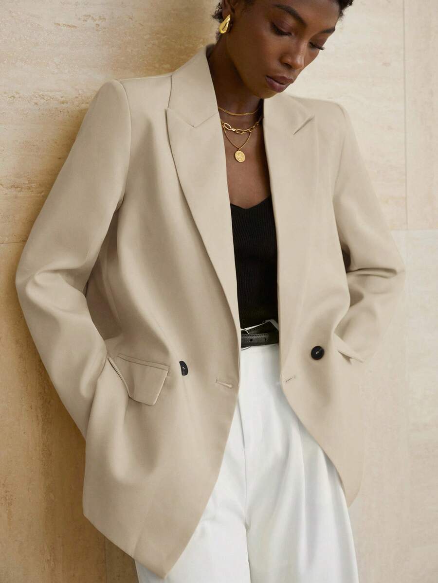 Aveloria Modichic Women's Business Style Solid Color Double-Breasted Blazer Jacket For Commuting, Autumn - Apricot - View 1