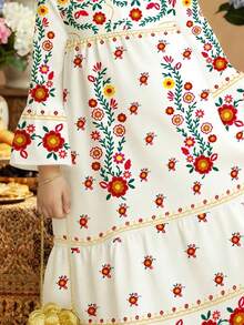 SHEIN 可爱花卉卡通印花休闲连衣裙，适合春夏穿着，可作祈祷长袍，舒适休闲，充满度假风情，端庄卡夫坦长袍，阿拉伯长袍，伊斯兰礼物，可爱穆斯林女孩阿拉伯长袍，舒适休闲，充满度假风情 - 白色 - 查看 4