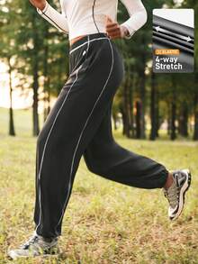 SHEIN In My Nature Women's Outdoor Sweatpants & Joggers, Loose And Comfortable, With Side Pockets And Contrast Color Stitching, Suitable For Gym, Hiking And Running. - Black - View 3
