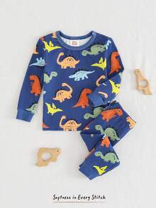 Cozy Pixies 男婴贴身睡衣套装，卡通恐龙印花柔软针织圆领长袖上衣和松紧腰长裤，2 件套 - 彩色 - 查看 3