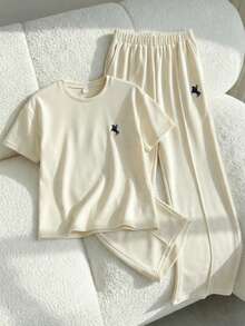 SHEIN 2pcs Tween Girls Casual Sports Set, Loose Embroidered Short Sleeve Top + Long Pants, Versatile For Daily, Home, School Wear - Apricot - View 3