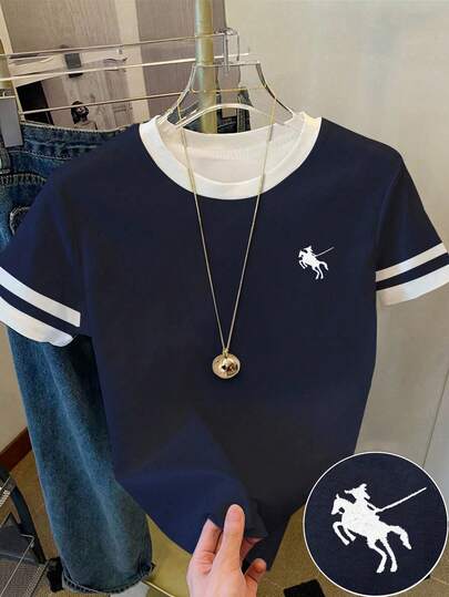 Teen Girl Casual, Retro American Campus Classic Logo Graphic Short Sleeve Crew Neck T-Shirt, Suitable For Summer, American Preppy Resort, Navy Blue, Contrast Color, Fitted, Daily Wear, White Printed Striped, Fashionable, Comfortable, Versatile