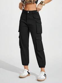 Jeanoix 女士带口袋纽扣休闲工装牛仔裤，通勤和日常穿着皆宜 - 黑色 - 查看 4