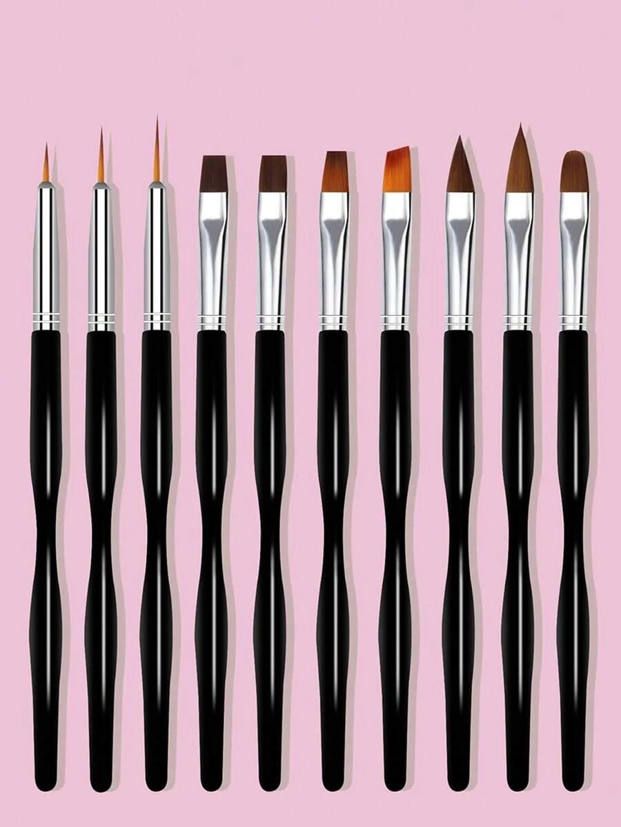 10支装黑色细腰美甲笔套装，适用于凝胶指甲油、水晶雕刻和美甲制作 - 黑色 - 查看 1