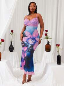 SHEIN SXY 大码女式印花撞色蕾丝紧身性感吊带裙 - 彩色 - 查看 3