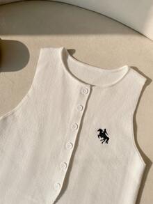 SHEIN EZwear Summer Old Money White Front Button Embroidered Round Neck Casual Knit Vest For Women - White - View 7