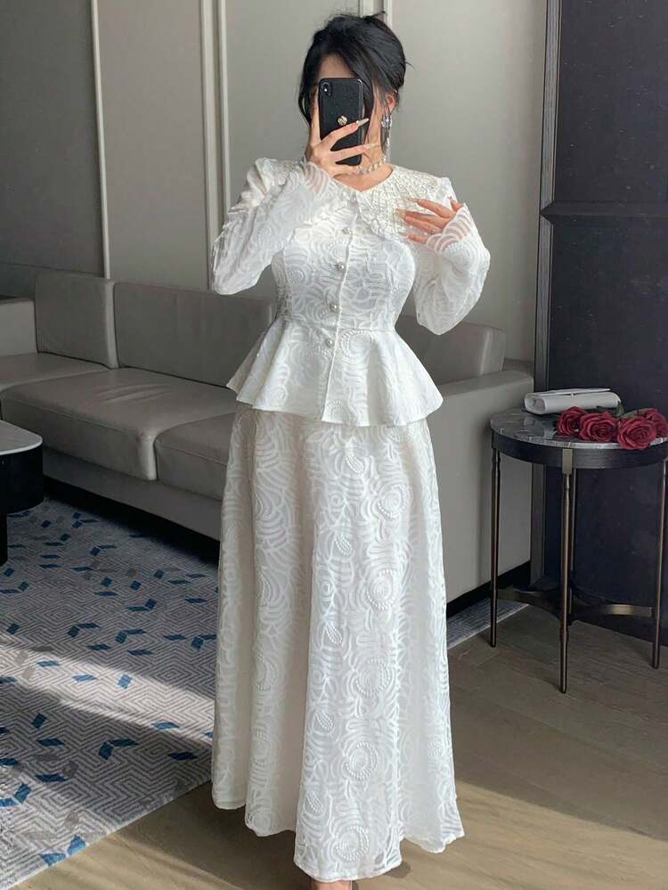 2pcs Luxury French Style Beaded Dress Set, Unique & Gorgeous Gold Tone Outfit For Women,Wedding Guest Dress Women