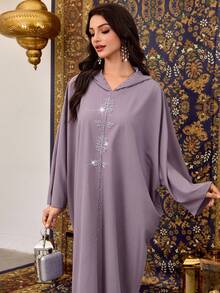 Al Najma Women's Purple Hooded Long Sleeve Beaded Elegant Turkish Abaya & Arabic Traditional Maxi Dress, Spring/Summer