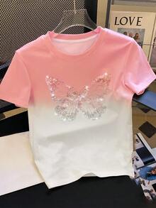 Resyla 渐变蝴蝶结亮片刺绣休闲圆领短袖T恤，女士款，送朋友的礼物 - 白色 - 查看 4