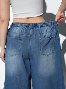 Maija Plus-Size Denim Bermuda Shorts, High-Waisted Wide-Leg Pants With Comfortable Elastic Waistband - Medium Wash - View 3