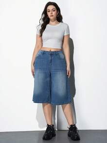 Maija Plus-Size Denim Bermuda Shorts, High-Waisted Wide-Leg Pants With Comfortable Elastic Waistband - Medium Wash - View 5