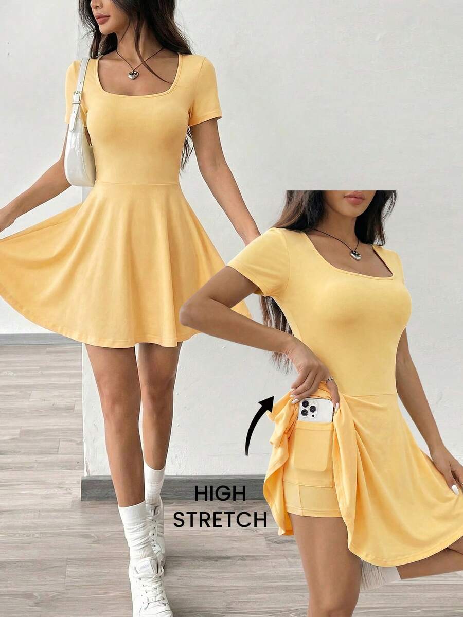 SHEIN EZwear Square Neck Short Sleeve Casual Knit Dress For Women, Pale Yellow Skater Dresses Stretchy ,Summer Mod - Pale Yellow - View 1