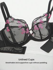 LUVLETTE Plus Valentine's Day Rose Embroidered Elegance Lingerie Lounge Curve Full Coverage Breathable Sexy Unlined Black Floral Lace Sheer Minimizer Mesh Bra  Romantic Gifts Bra - Black - View 8