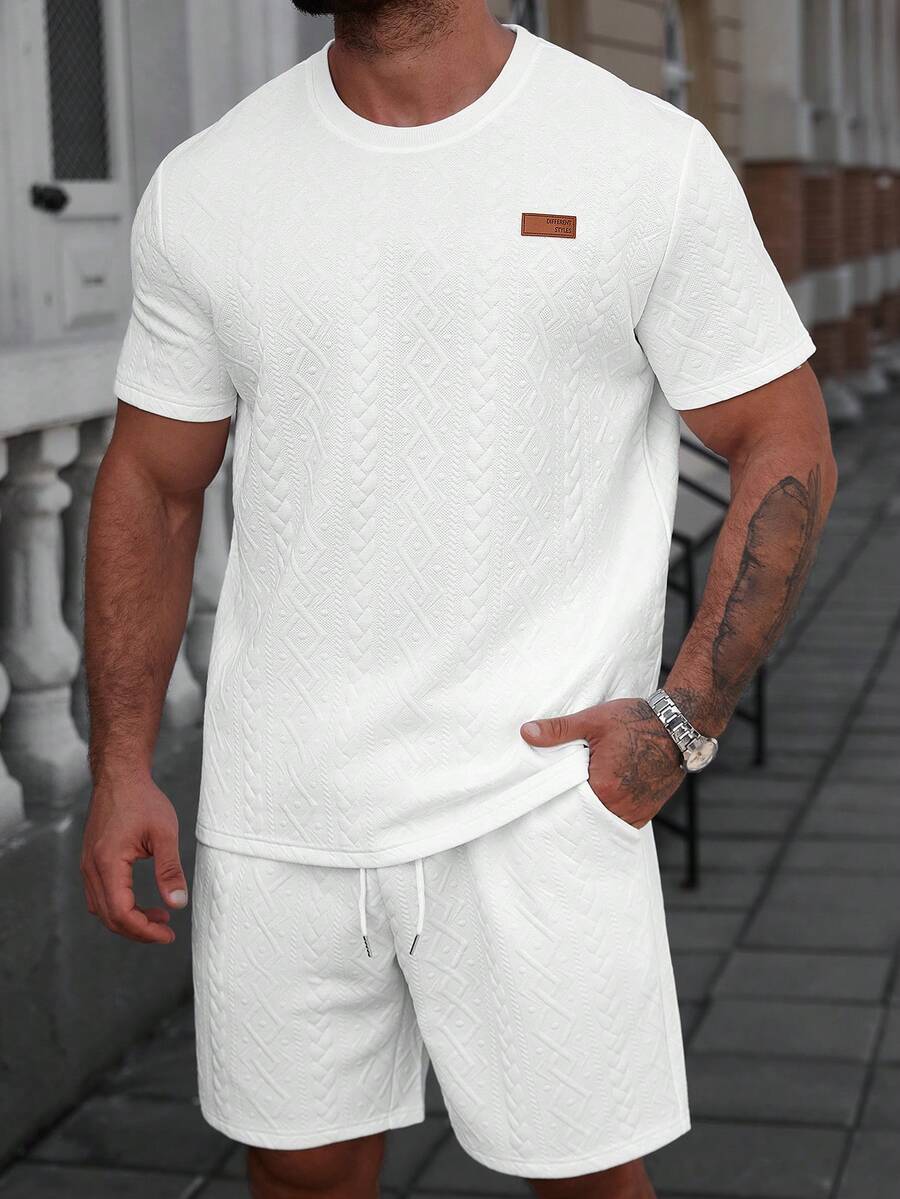 Manfinity CasualCool Men's Letter Print Crew Neck Short Sleeve Casual T-Shirt And Drawstring Waist Shorts Set - White - View 1