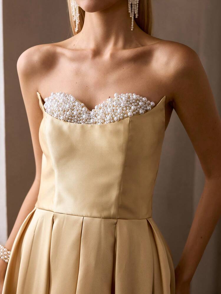 MOTF Soiréza WOMEN STRAPLESS FITTED BEADED SATIN EVENING GOWN WITH CONTOURED WAIST AND FLOWING FLOOR-LENGTH DRAPED HEM– IDEAL FOR WEDDINGS, GALA DINNERS, AWARD CEREMONIES & FORMAL RECEPTIONS