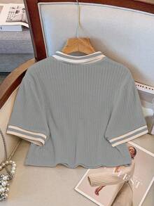 GlowEve CURVE Camiseta de punto de verano casual con cuello polo y bloques de color para tallas grandes - Gris Claro - Ver 2