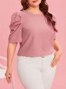 SHEIN Clasi Áo kiểu dáng rộng rãi, cổ tròn, tay ngắn, trang trí họa tiết ngọc trai giả, thích hợp cho dịp Lễ Tình nhân. - Màu Hồng baby - Xem 5