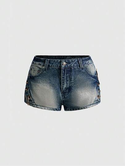 ROMWE Grunge Punk Y2K Sexy Crop Low Waist Vintage Chain Decor Super Short Women Denim Shorts