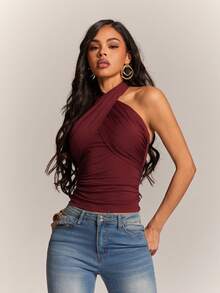 Radiana 女士性感休闲酒红色露背吊带背心，修身款，简约基础款，极简风格上衣 - 酒紅色 - 查看 4