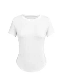 SHEIN Velisys Solid Color Round Neck Asymmetric Hem Fitted Short Sleeve Sports T-Shirt - Multicolor - View 11