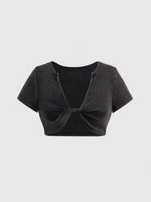 ROMWE Avant Áo thun nữ dáng ngắn cổ chữ V thắt nút kiểu cổ điển - màu nâu - Xem 1