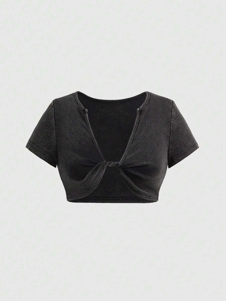 ROMWE Avant Áo thun nữ dáng ngắn cổ chữ V thắt nút kiểu cổ điển - màu nâu - Xem 1