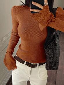 DAZY Lace Patchwork Slim Fit Women Pullover Sweater - Coral Orange - View 3