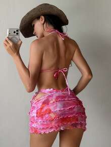 Swim SXY 女士印花三件套比基尼，荷叶边装饰，优雅性感，适合海滩派对和假期穿着 - 彩色 - 查看 2