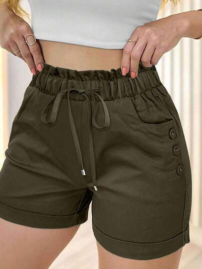 SHEIN LUNE Pantalones cortos de mujer de unicolor con cintura con cordón y dobladillo acanalado, versátiles para el uso diario, verano