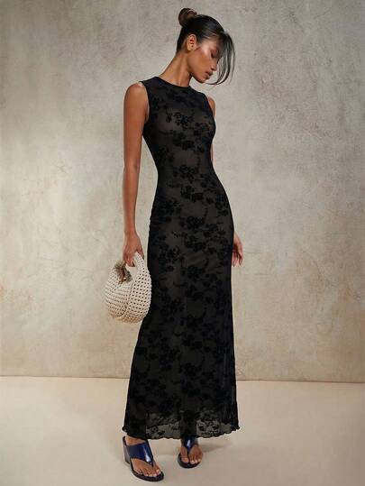 COSMINA Women's Black Flocked Lace Sleeveless Slim Fit Dress, Casual Elegant Resort Party Evening Lace Gown