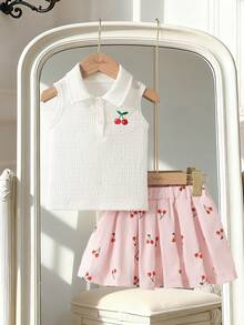 Souflis Souflis 2pcs/Set Baby Girl Spring&Summer Casual Style Bowknot-Shape Embroidery Sleeveless Top&Short Pleated Skirt - Multicolor - View 5