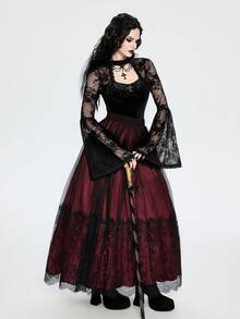 Breakform Women's Gothic Sexy Elegant Round Neck Hollow Metal Cross Decor Velvet Contrast Lace Flare Sleeve Crop Top