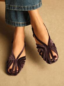 Rosivie 女士方头平底金色PU休闲凉鞋，时尚舒适，适合日常和海滩穿着 - 咖啡棕 - 查看 5