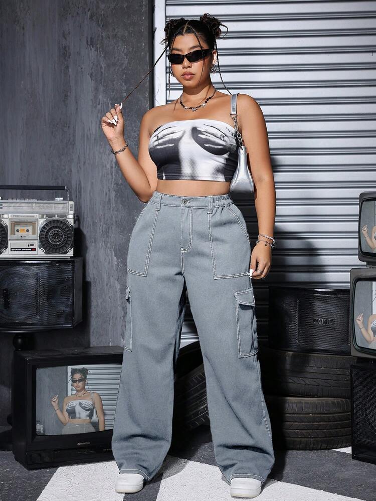 Plus Size Women Loose Fit High Waist Elastic Waist Washed Denim Cargo Pants - Grey - View 5