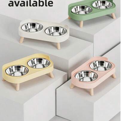 带支架的加高不锈钢/塑料宠物碗套装，双碗设计，适用于小型犬和猫，带防溅罩 - 宠物喂食器