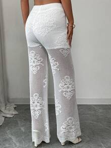 Elenzga 女士春夏新款弹力腰带镂空花卉衬里时尚优雅女士沙滩裤，带抽绳腰带针织长裤 - 白色 - 查看 2