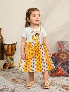 女婴复古撞色卡通印花短袖T恤套装 - 彩色 - 查看 8