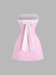 Sweetra Đầm ống ôm sát gợi cảm bằng nhung phối màu tương phản, thắt nơ, thích hợp cho nữ, phù hợp đi làm và mặc thường ngày, mùa xuân/thu. - Hồng - Xem 2