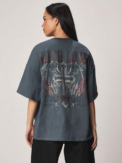 MISSGUIDED เสื้อยืดโอเวอร์ไซส์ลายกรดกัดลายร็อคครอส แขนสั้น คอกลม วินเทจ เสื้อยืดกราฟิก สไตล์วงดนตรีย้อนยุค สบายๆ