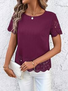 SHEIN Clasi Áo sơ mi nữ tay ngắn cổ tròn in họa tiết, kiểu dáng thường ngày, thích hợp cho mùa xuân/hè. - Màu đỏ tím - Xem 5