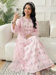 SHEIN Đầm dài tay dệt thanh lịch dành cho bé gái tuổi teen - Hồng - Xem 6