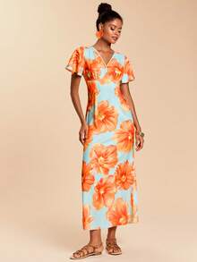 SHEIN TRVLCHIC 女士印花V领荷叶袖收腰度假连衣裙，夏季 - 彩色 - 查看 5
