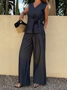 DAZY Women's V-Neck Sleeveless Waist Fitted Denim Top And Loose Straight Leg Denim Pants Casual Suit - Dark Wash - View 4