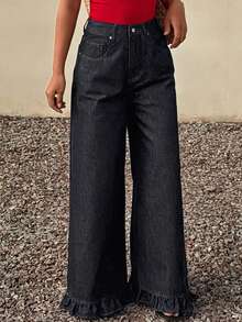 DAZY 女士常规腰围花卉蕾丝边直筒休闲牛仔裤 - 深色水洗藍 - 查看 2