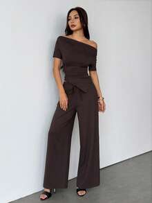 SHEIN PETITE Autumn/Winter Solid Brown Sexy Asymmetric Neck Women Short Sleeve Top & Pants 2 Pieces Set Autumn/Winter Thermal Lining Women's Knitted 2 Pieces Set Basic Knit Women's Asymmetric Neck Top - Brown - View 2