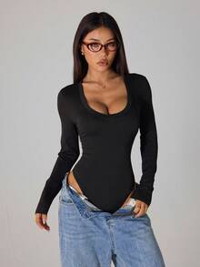 SHEIN PETITE 3件套休闲纯色针织修身长袖心形领连体衣，女士长袖连体衣，性感连体衣，一体式连体衣，女士连体衣，女士性感服装 - 彩色 - 查看 8