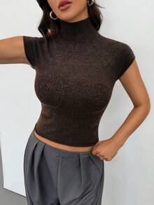 SHEIN Tall 女士秋冬短袖高领修身薄款抓绒针织衫，春夏皆宜 - 咖啡棕 - 查看 4