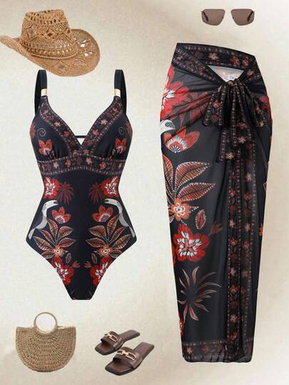 Swim Oasis 2026 New Spring/Summer Women 2pcs Set Printed Swimsuit & Mesh Maxi Dress Beach Resort Casual Swimwear Set