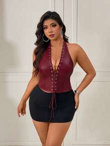 Femmeverse Áo vest nữ cỡ lớn gợi cảm, chất liệu da, thiết kế buộc dây có khoen, phối màu độc đáo. - Màu Đỏ Sâu - Xem 5